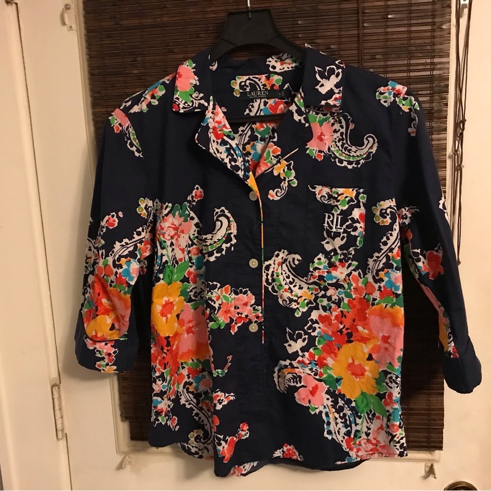 Lauren Ralph Lauren Floral Vibrant Multicolor Button Tunic Blouse Women’s Large